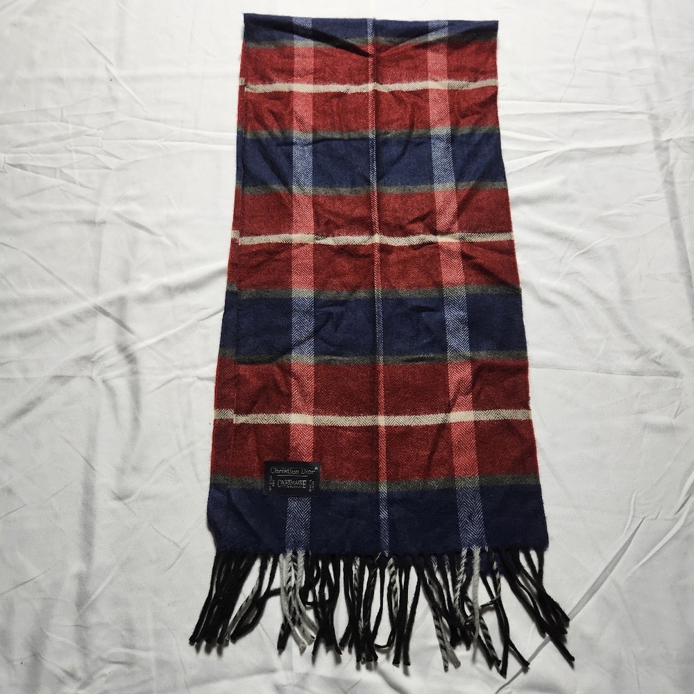Christian Dior Plaid Cashmere Acrylic Scarf Red Blue White